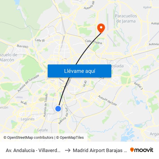 Av. Andalucía - Villaverde Bajo Cruce to Madrid Airport Barajas - Terminal 4 map