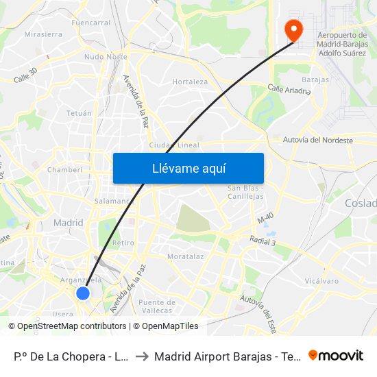 P.º De La Chopera - Legazpi to Madrid Airport Barajas - Terminal 4 map