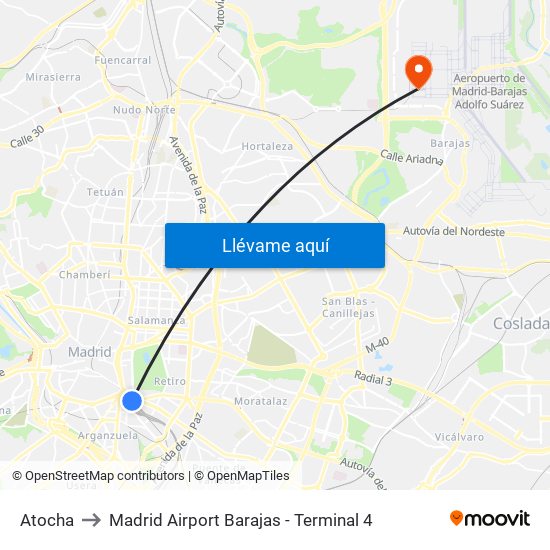 Atocha to Madrid Airport Barajas - Terminal 4 map