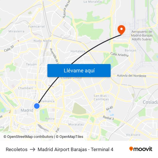 Recoletos to Madrid Airport Barajas - Terminal 4 map