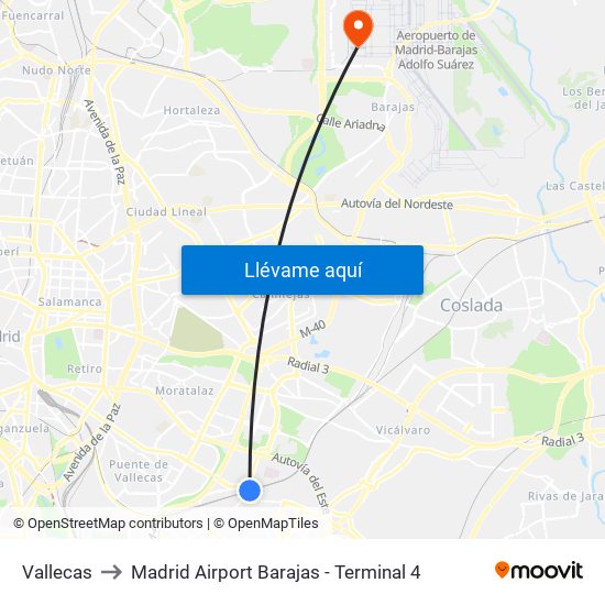Vallecas to Madrid Airport Barajas - Terminal 4 map