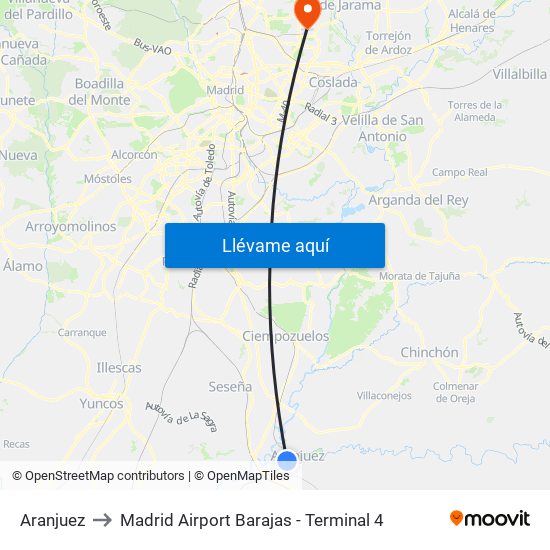 Aranjuez to Madrid Airport Barajas - Terminal 4 map