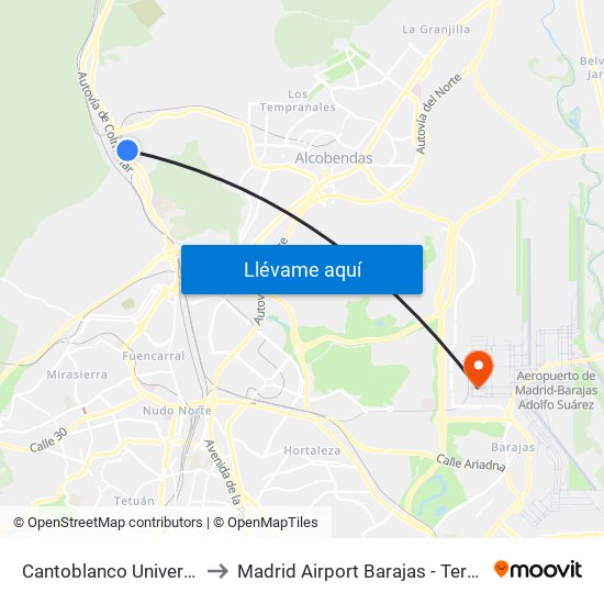 Cantoblanco Universidad to Madrid Airport Barajas - Terminal 4 map