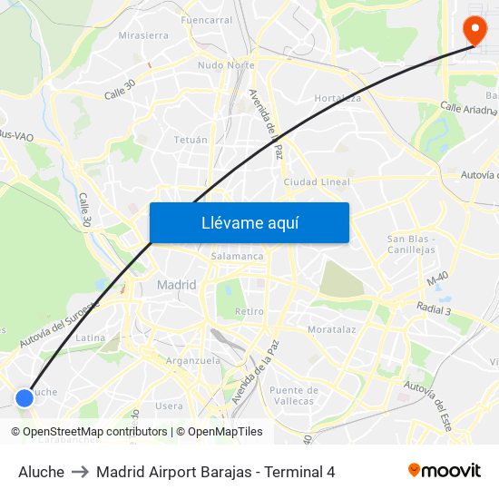Aluche to Madrid Airport Barajas - Terminal 4 map