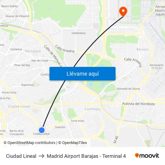 Ciudad Lineal to Madrid Airport Barajas - Terminal 4 map