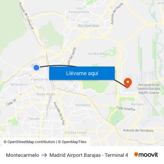 Montecarmelo to Madrid Airport Barajas - Terminal 4 map