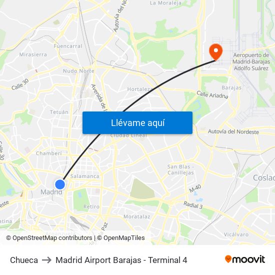 Chueca to Madrid Airport Barajas - Terminal 4 map