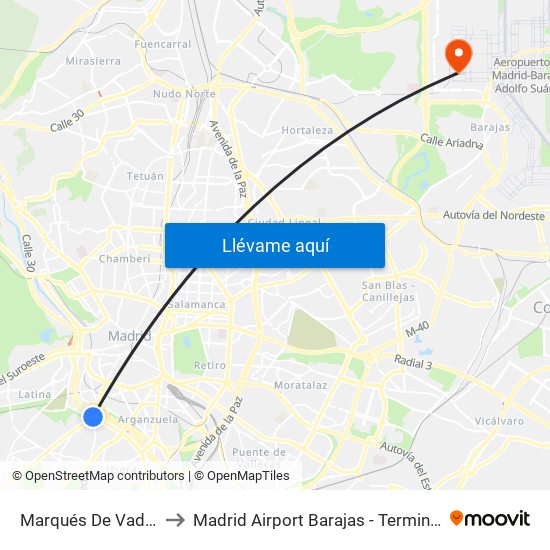 Marqués De Vadillo to Madrid Airport Barajas - Terminal 4 map