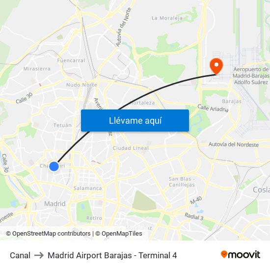 Canal to Madrid Airport Barajas - Terminal 4 map