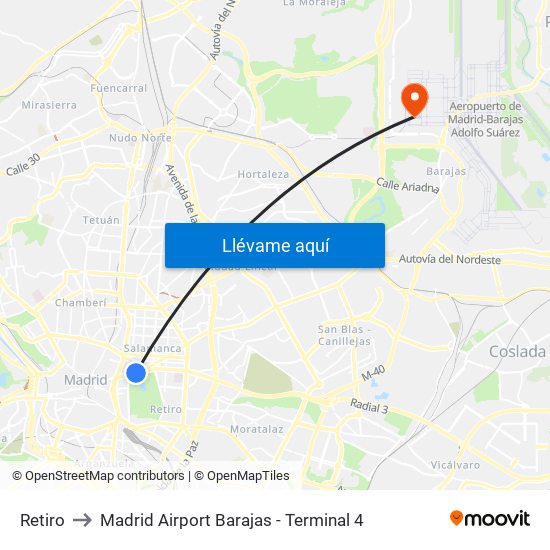 Retiro to Madrid Airport Barajas - Terminal 4 map