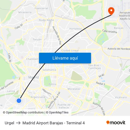 Urgel to Madrid Airport Barajas - Terminal 4 map