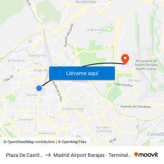 Plaza De Castilla to Madrid Airport Barajas - Terminal 4 map