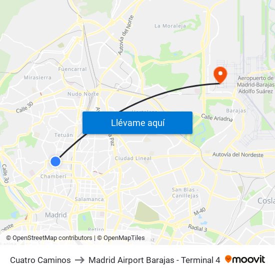 Cuatro Caminos to Madrid Airport Barajas - Terminal 4 map