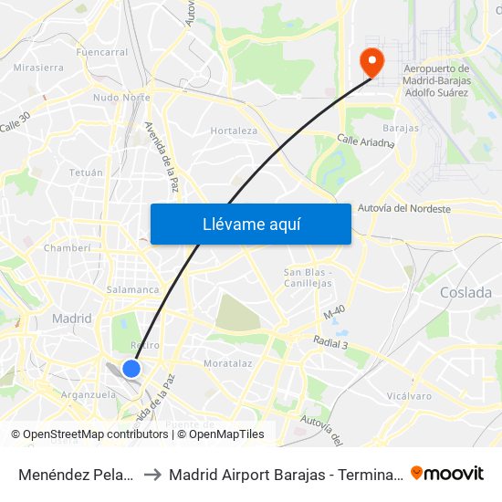Menéndez Pelayo to Madrid Airport Barajas - Terminal 4 map