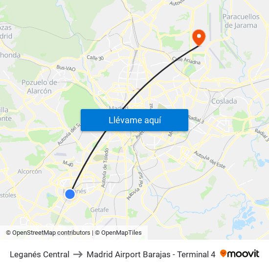 Leganés Central to Madrid Airport Barajas - Terminal 4 map