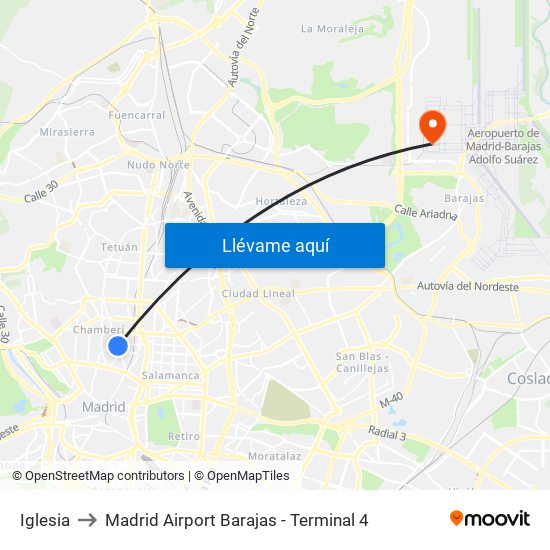 Iglesia to Madrid Airport Barajas - Terminal 4 map