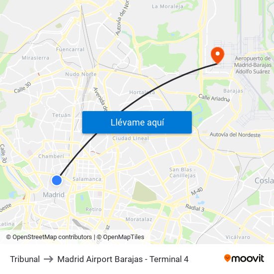Tribunal to Madrid Airport Barajas - Terminal 4 map