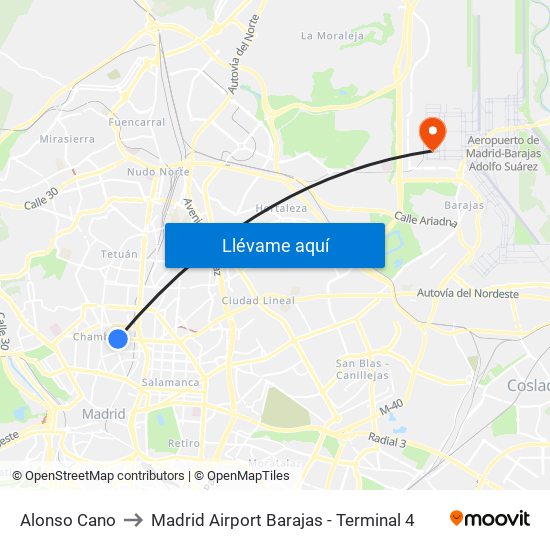 Alonso Cano to Madrid Airport Barajas - Terminal 4 map
