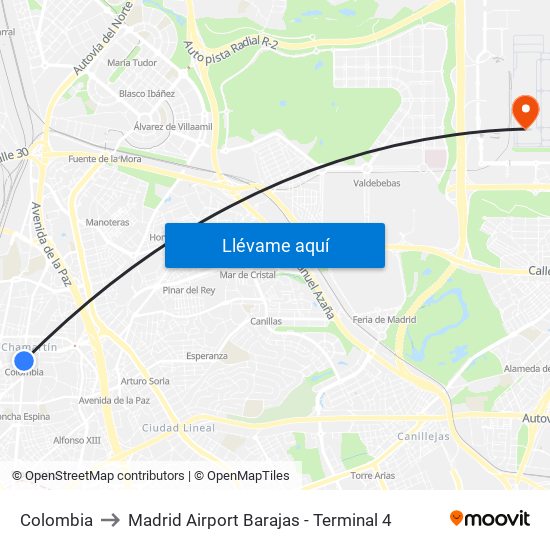Colombia to Madrid Airport Barajas - Terminal 4 map