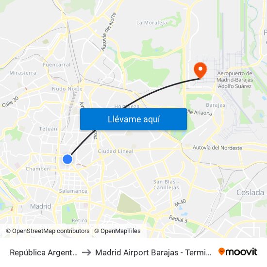 República Argentina to Madrid Airport Barajas - Terminal 4 map