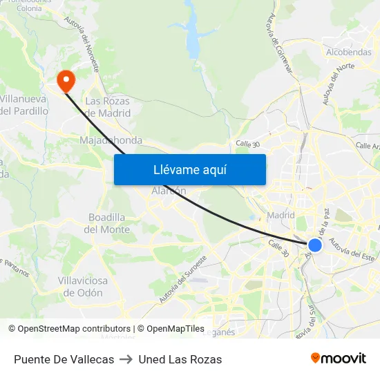 Puente De Vallecas to Uned Las Rozas map