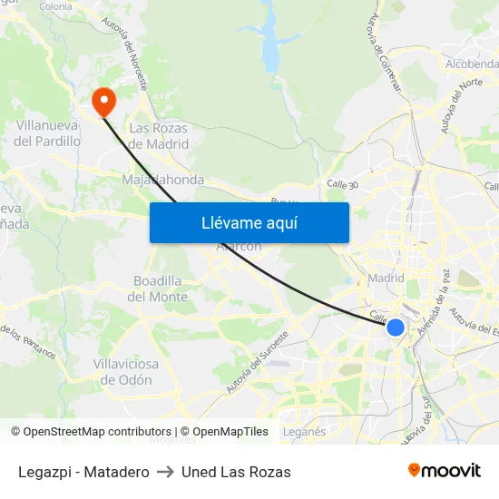 Legazpi - Matadero to Uned Las Rozas map