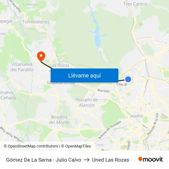 Gómez De La Serna - Julio Calvo to Uned Las Rozas map