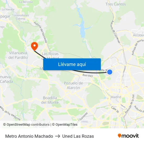 Metro Antonio Machado to Uned Las Rozas map