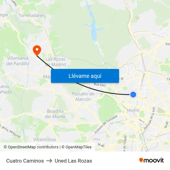 Cuatro Caminos to Uned Las Rozas map