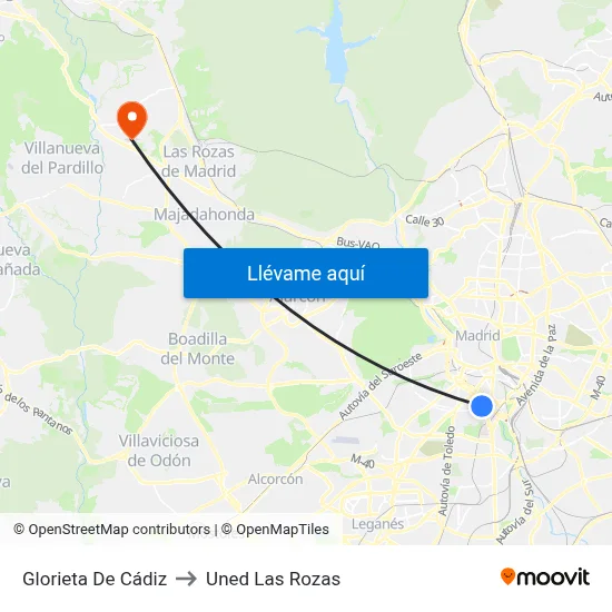 Glorieta De Cádiz to Uned Las Rozas map
