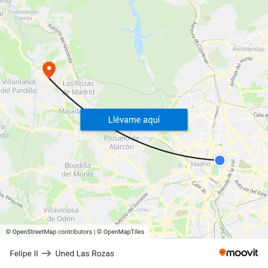 Felipe II to Uned Las Rozas map