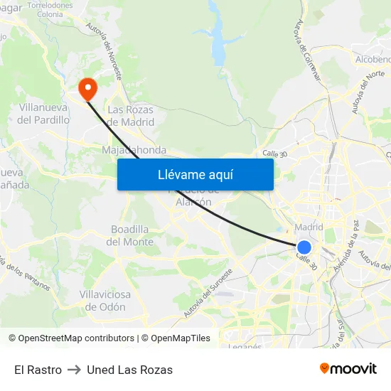 El Rastro to Uned Las Rozas map