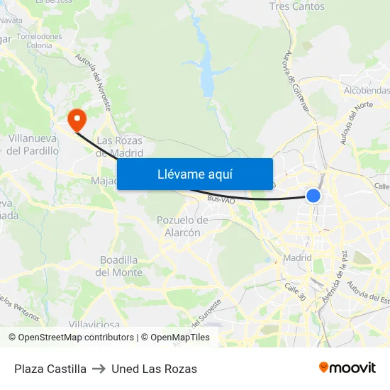 Plaza Castilla to Uned Las Rozas map