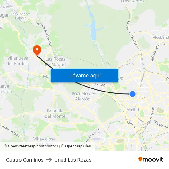 Cuatro Caminos to Uned Las Rozas map
