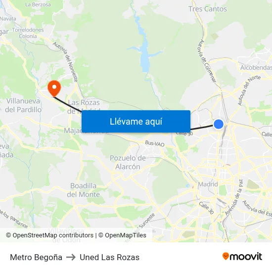 Metro Begoña to Uned Las Rozas map