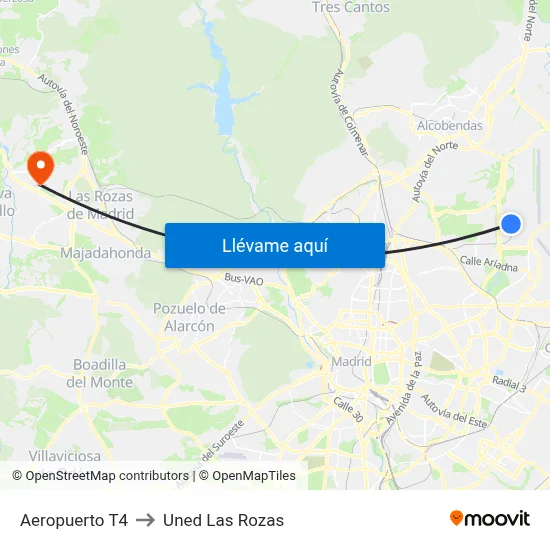 Aeropuerto T4 to Uned Las Rozas map