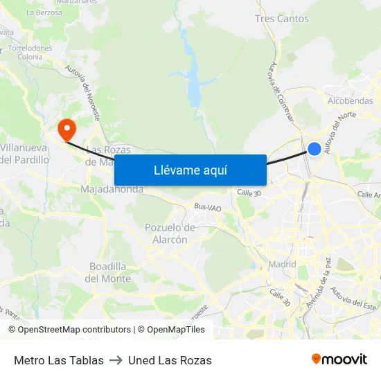 Metro Las Tablas to Uned Las Rozas map