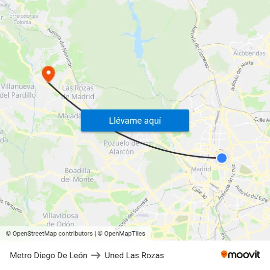Metro Diego De León to Uned Las Rozas map