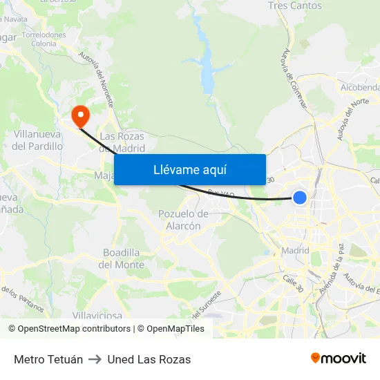 Metro Tetuán to Uned Las Rozas map