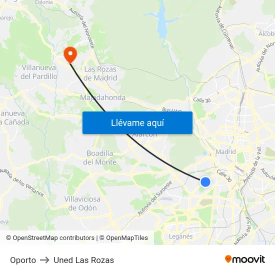 Oporto to Uned Las Rozas map