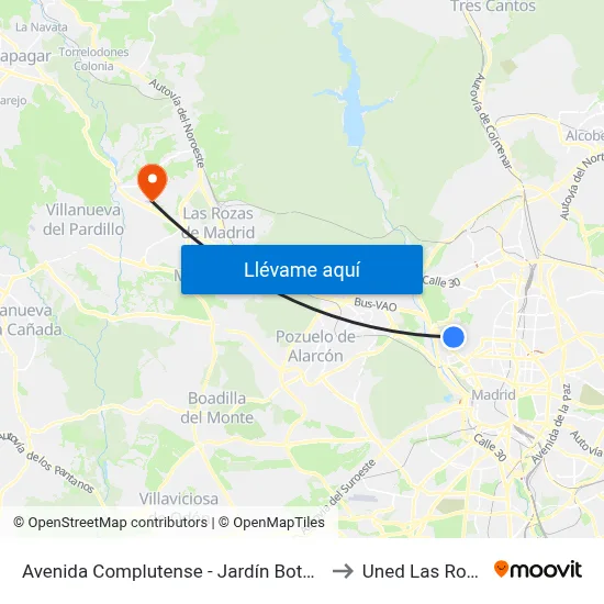 Avenida Complutense - Jardín Botánico to Uned Las Rozas map