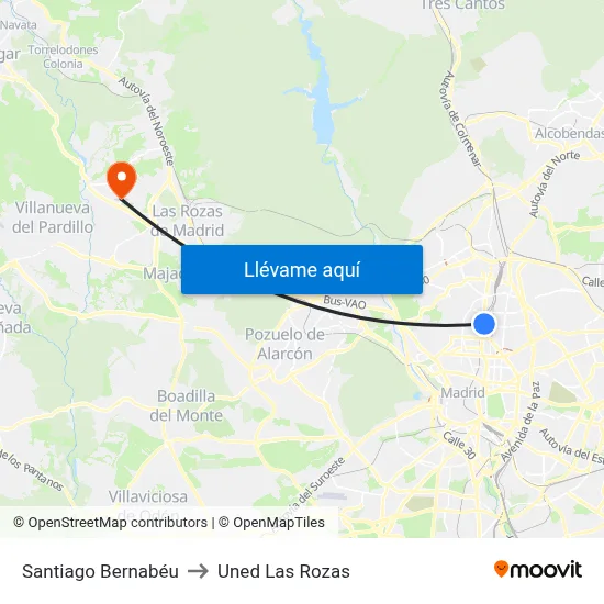 Santiago Bernabéu to Uned Las Rozas map