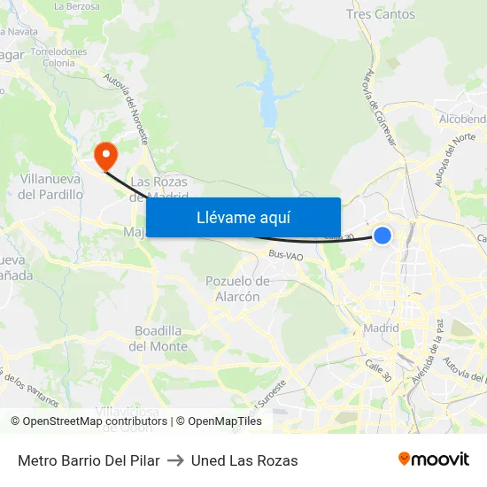 Metro Barrio Del Pilar to Uned Las Rozas map