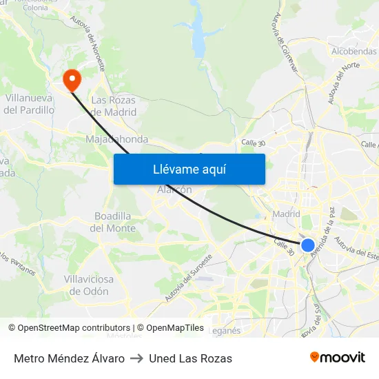 Metro Méndez Álvaro to Uned Las Rozas map