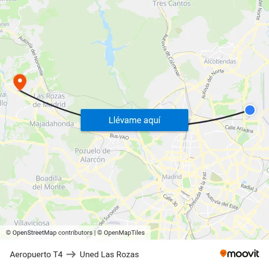 Aeropuerto T4 to Uned Las Rozas map