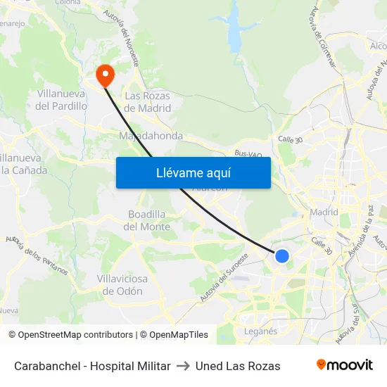 Carabanchel - Hospital Militar to Uned Las Rozas map