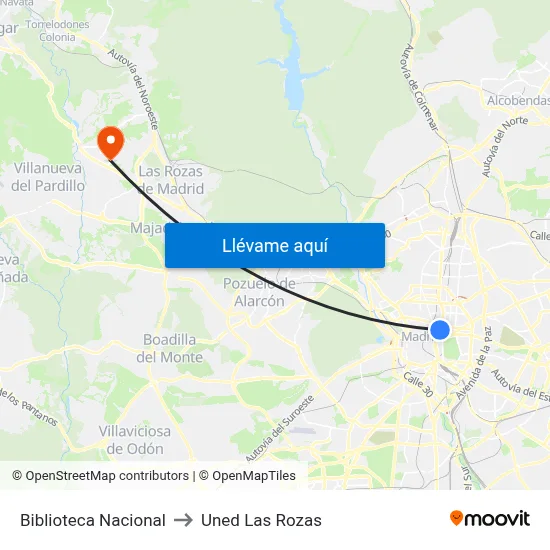 Biblioteca Nacional to Uned Las Rozas map