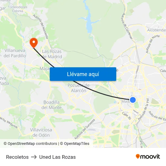 Recoletos to Uned Las Rozas map