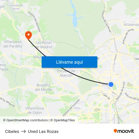 Cibeles to Uned Las Rozas map