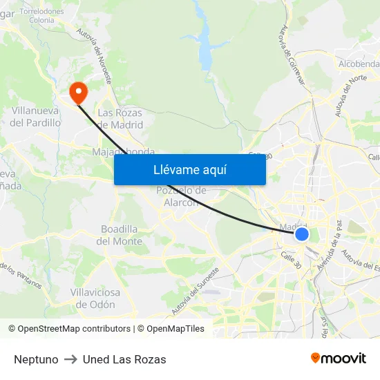 Neptuno to Uned Las Rozas map